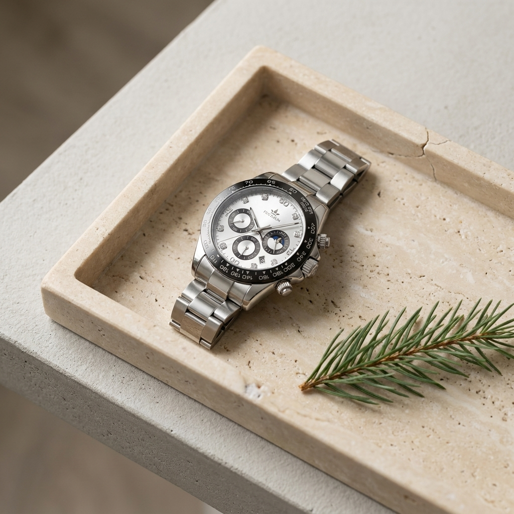 Teal steel band stainless steel rectangular quartz calendar analog men’s watch lifestyle scene on honed travertine tray highlighting rectangular dial