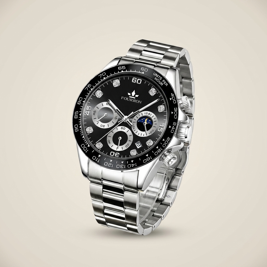 White steel band stainless steel rectangular quartz calendar analog men’s watch close-up detail of screw-down crown and single-fold clasp