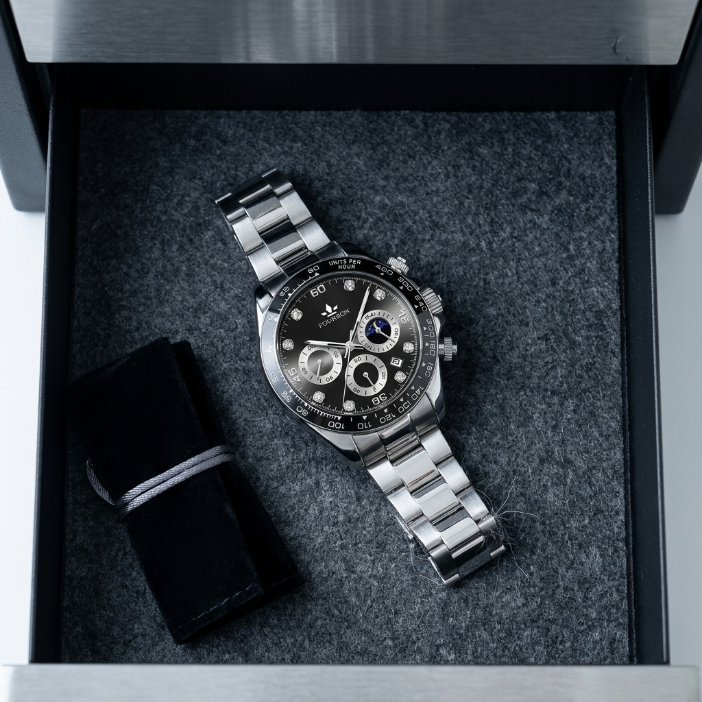 White steel band stainless steel rectangular quartz calendar analog men’s watch lifestyle scene inside safe vault interior emphasizing water resistance