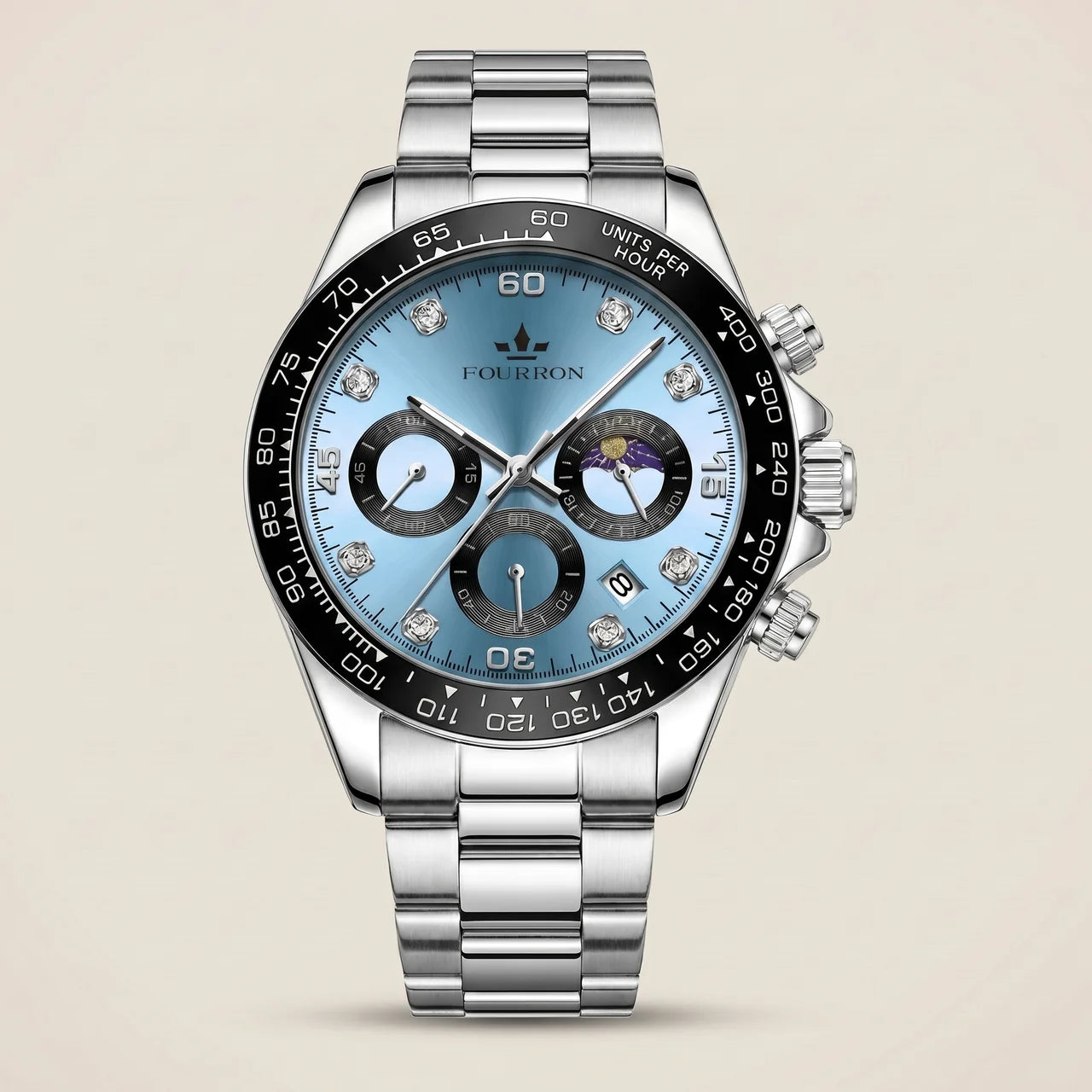 White steel band stainless steel rectangular quartz calendar analog men’s watch at three-quarter angle showing calendar display and coated glass crystal