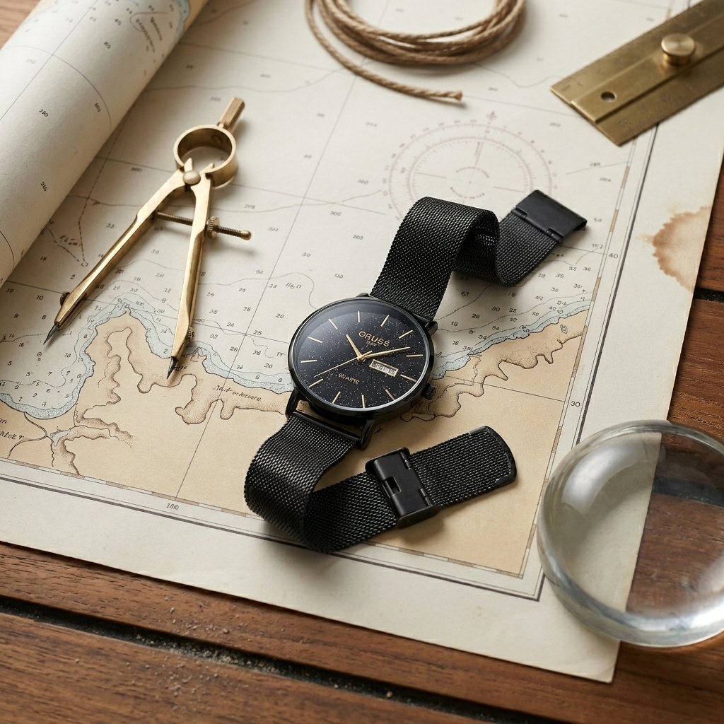 Close-up lifestyle shot of black starry sky dial stainless steel mesh band men's wrist watch near vintage foxed ledger and fountain pen