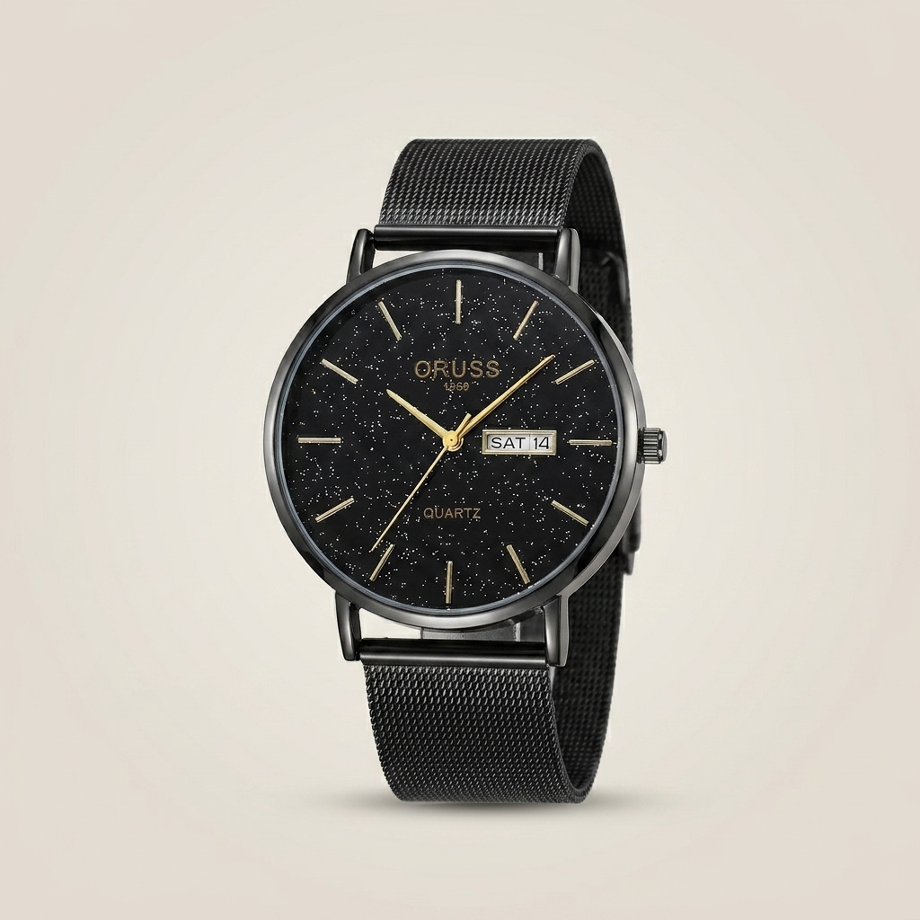 Black starry sky dial stainless steel mesh band men's wrist watch at three-quarter angle highlighting mineral hardened glass crystal