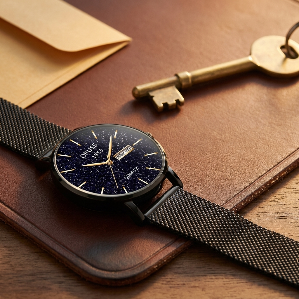 Top-down view of black starry sky dial stainless steel mesh band men's wrist watch highlighting mineral glass and slim case