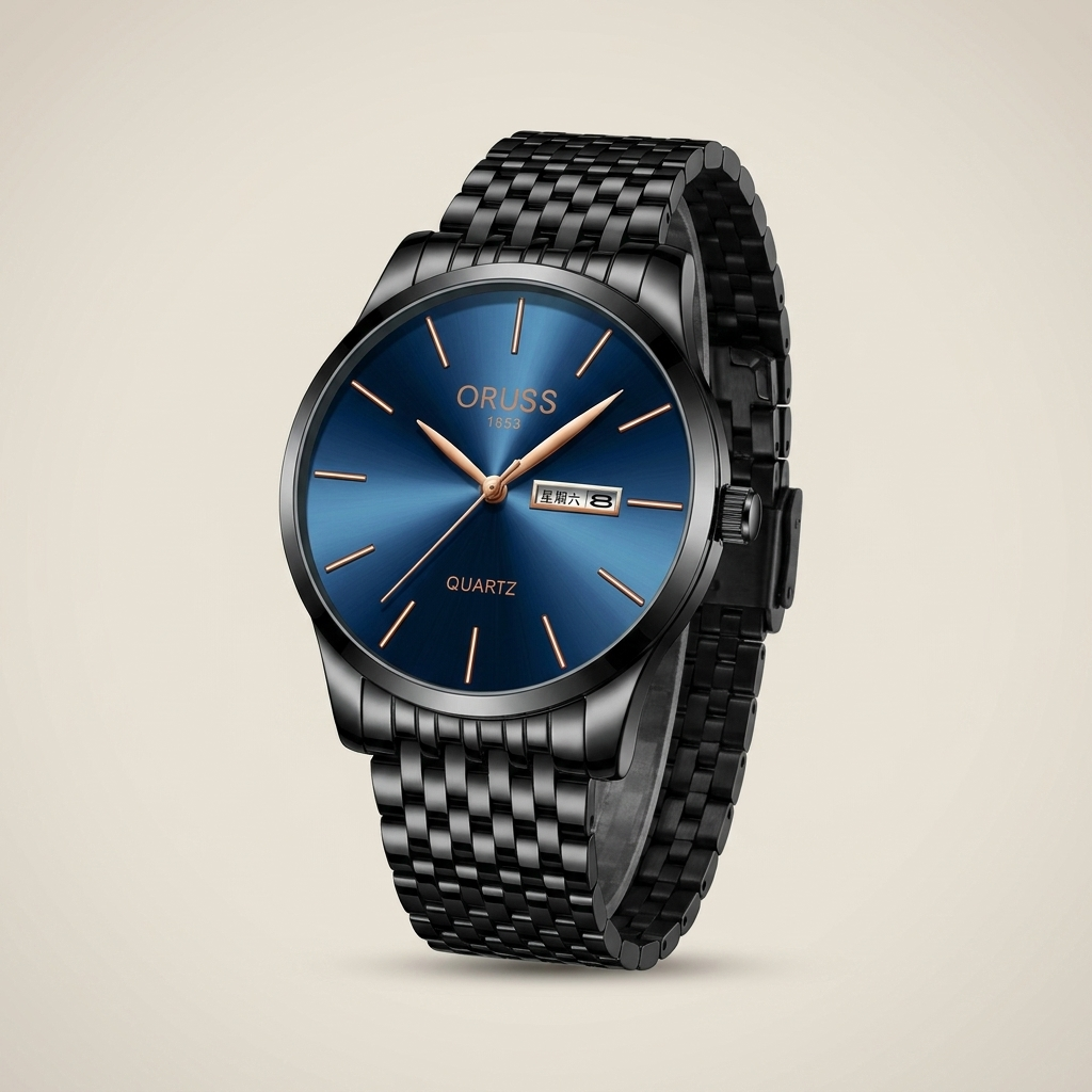 Close-up of blue starry sky dial stainless steel mesh band men's wrist watch showing analog hands and dual calendar display