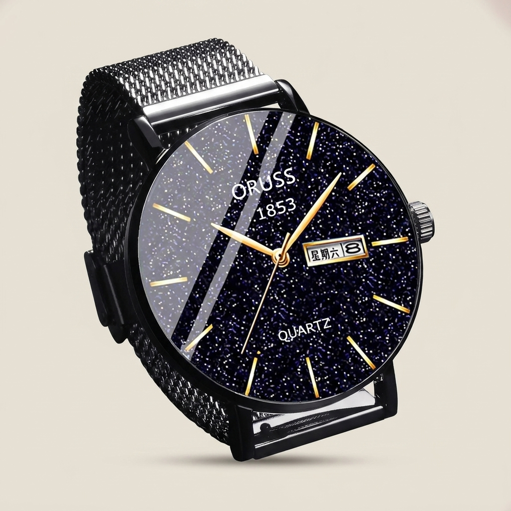 Blue starry sky dial stainless steel mesh band men's wrist watch shown front view with analog hands and onion-head crown