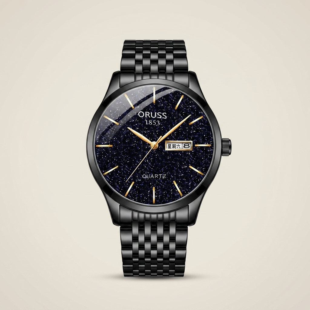 Blue sunburst dial stainless steel bracelet men's wrist watch detail shot showing dual calendar display and polished steel case