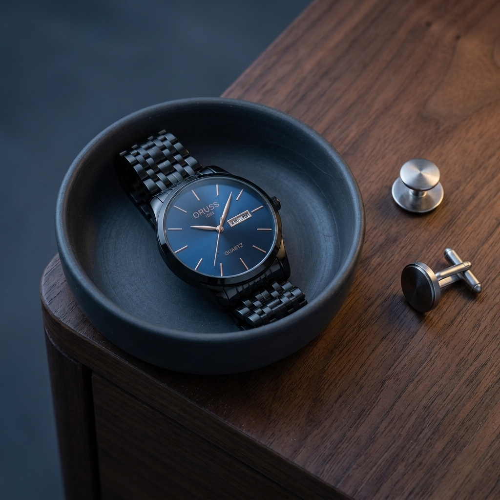 Blue sunburst dial stainless steel bracelet men's wrist watch lifestyle scene on saddle leather desk with natural light
