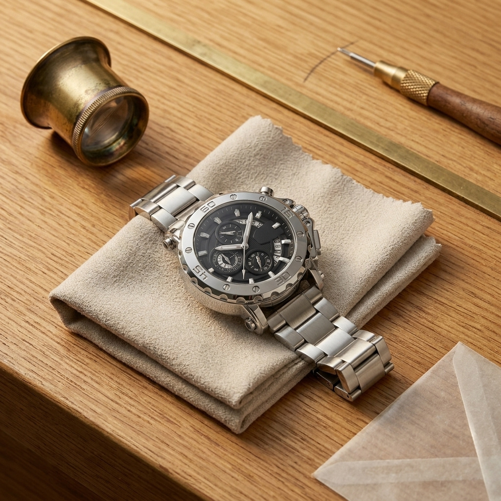 Stainless steel round quartz wristwatch with steel black dial on balcony under warm light showing mineral glass crystal