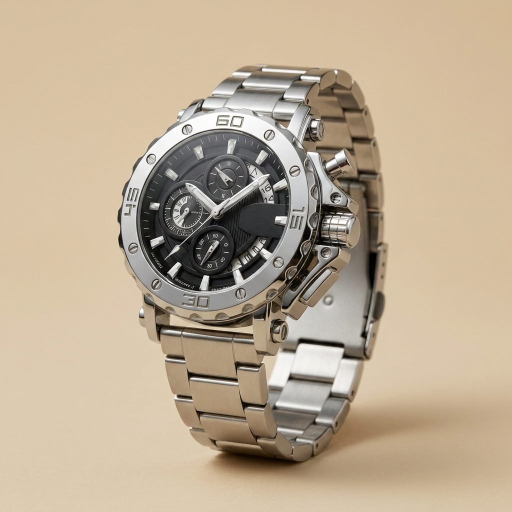 Side profile of stainless steel round quartz wristwatch with steel black dial highlighting water resistance and mineral glass crystal