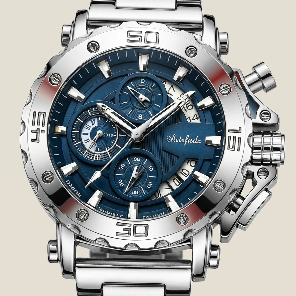 Close-up front detail of stainless steel round quartz wristwatch with steel blue dial showing analog display and mineral glass crystal