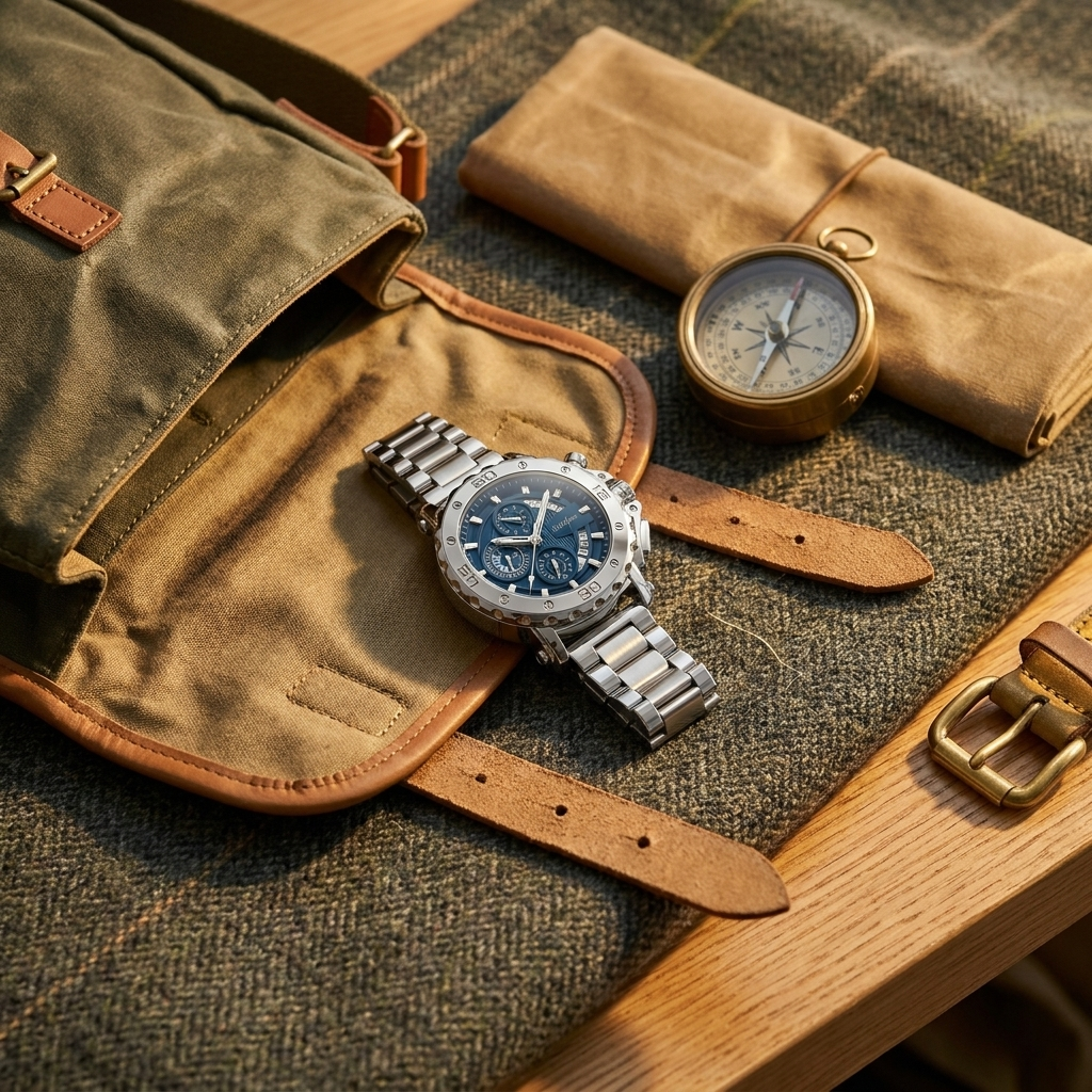 Stainless steel round quartz watch with steel blue dial beside sofa under cool white light with luminous hands visible
