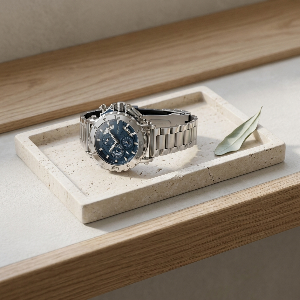 Top-down detail shot of stainless steel round quartz watch with steel blue dial showing luminous hands and butterfly double-press clasp