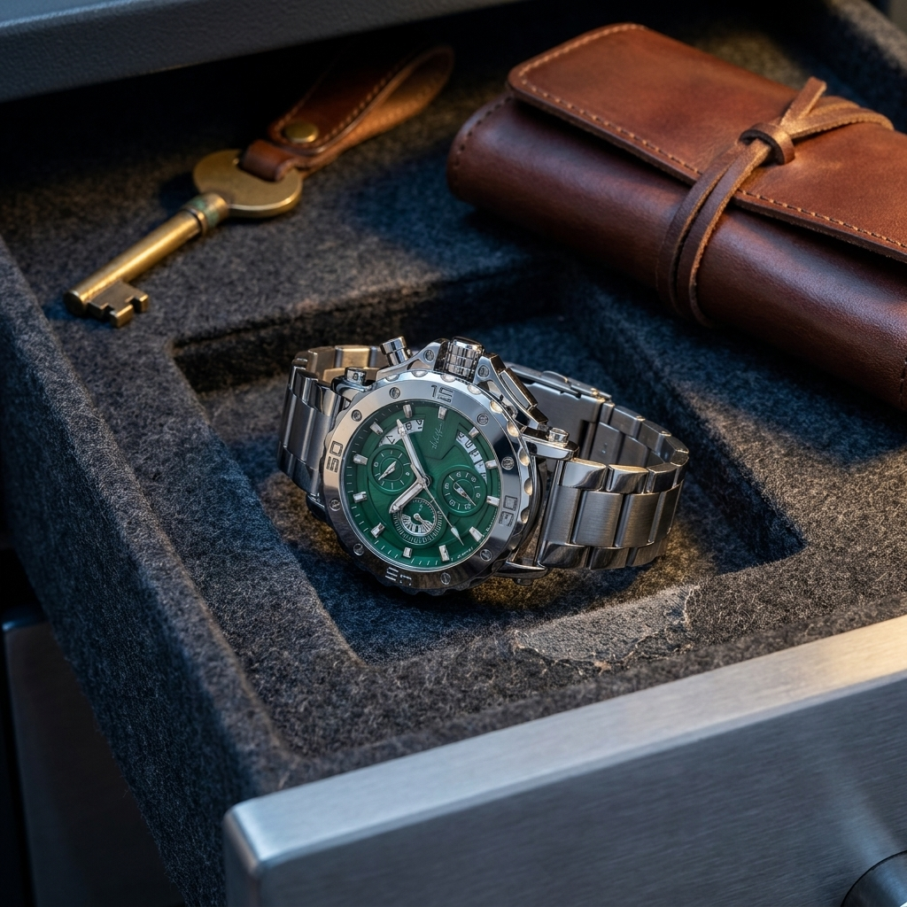 Stainless steel quartz wristwatch with steel green dial shown on dining table lit with ambient light highlighting stainless steel band