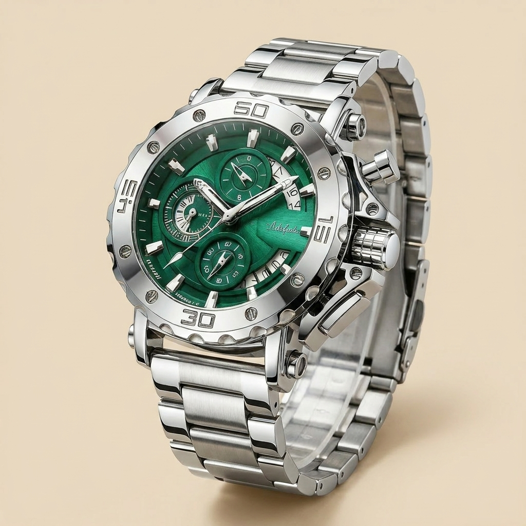 Stainless steel round quartz wristwatch with steel green dial at three-quarter angle showing luminous hands and stainless steel band
