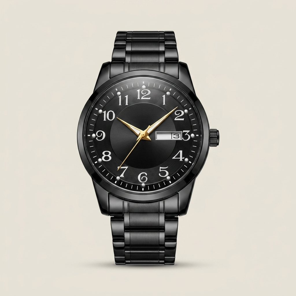 Black bracelet men's watch with black dial close-up detail shot lit featuring luminous hands and mineral reinforced glass