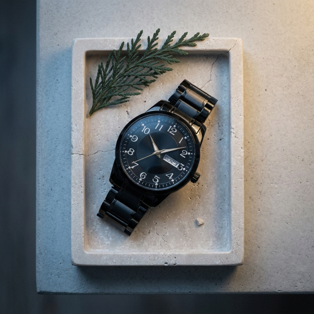 Black bracelet men's watch with black dial three-quarter angle lit on dining table showing luminous hands and calendar window