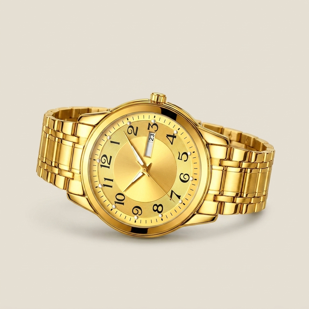 Gold bracelet men's watch with gold dial shown front view lit highlighting luminous display and stainless steel bracelet