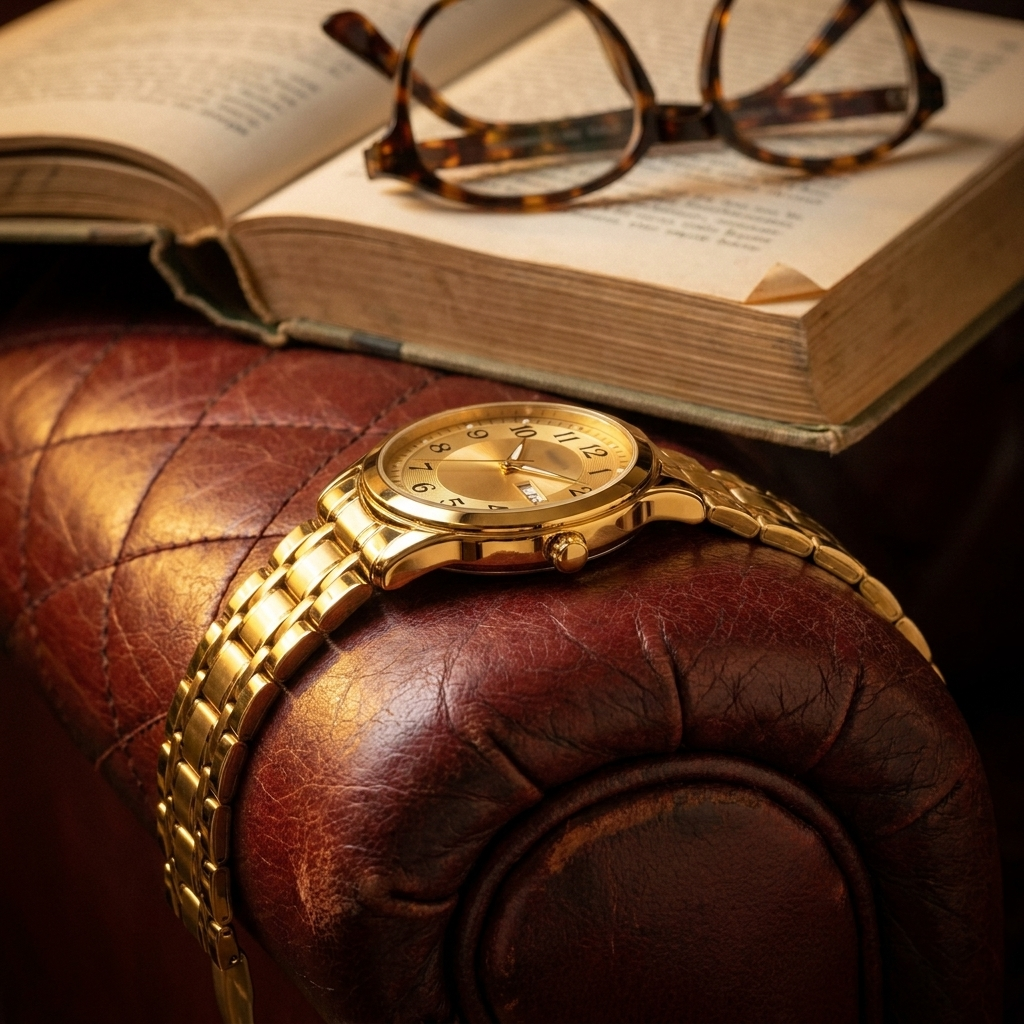 Gold bracelet men's watch with gold dial top-down lit beside pillow showing luminous hour markers and stainless steel bracelet