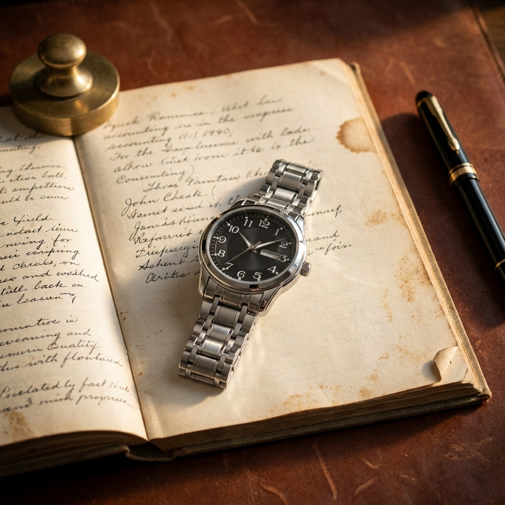 Silver bracelet men's watch with black dial side profile lit placed on study desk showing luminous hour markers and calendar
