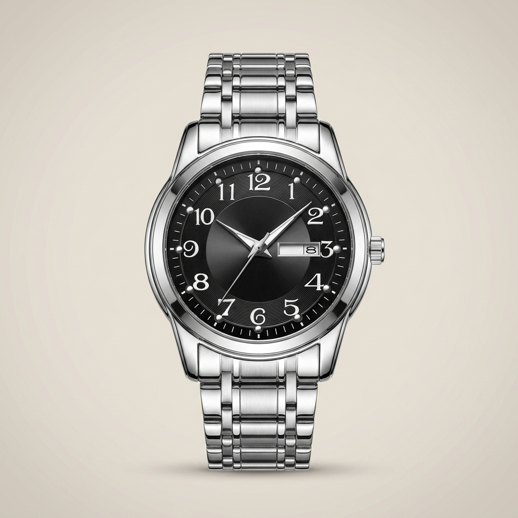 Silver bracelet men's watch with black dial at three-quarter angle lit showing luminous display and onion crown detail