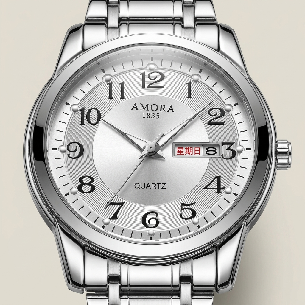 Close-up front detail of silver bracelet men's watch with white dial lit showing luminous hands, calendar window, and subdial
