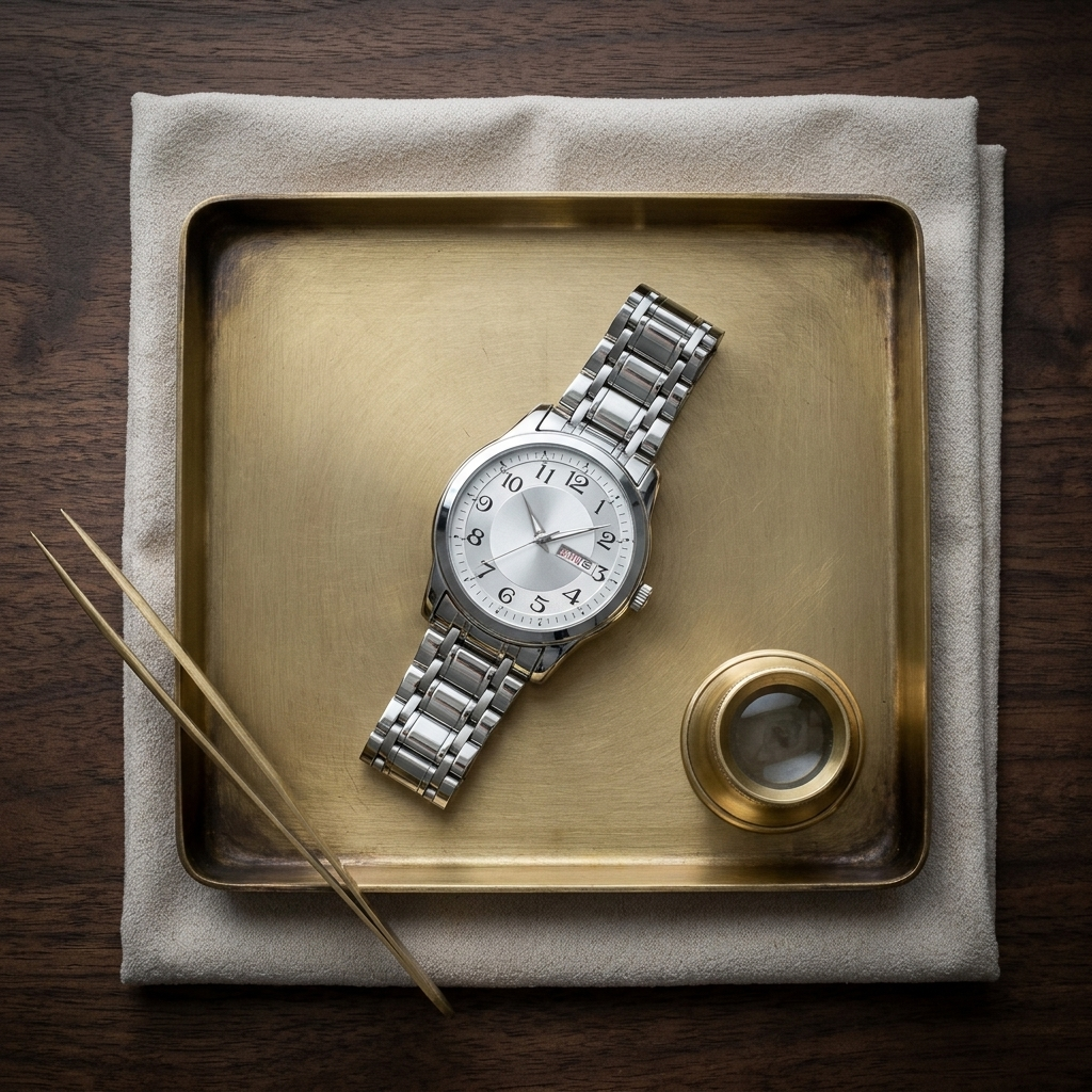 Silver bracelet men's watch with white dial at three-quarter angle lit resting on walnut mantel showing luminous hands