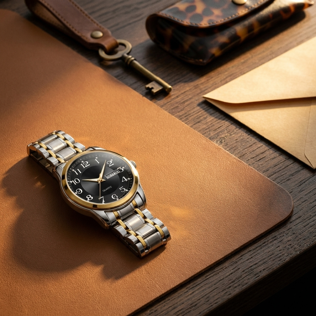 Two-tone gold and silver men's watch with black dial close-up lit near window showing luminous display and onion crown