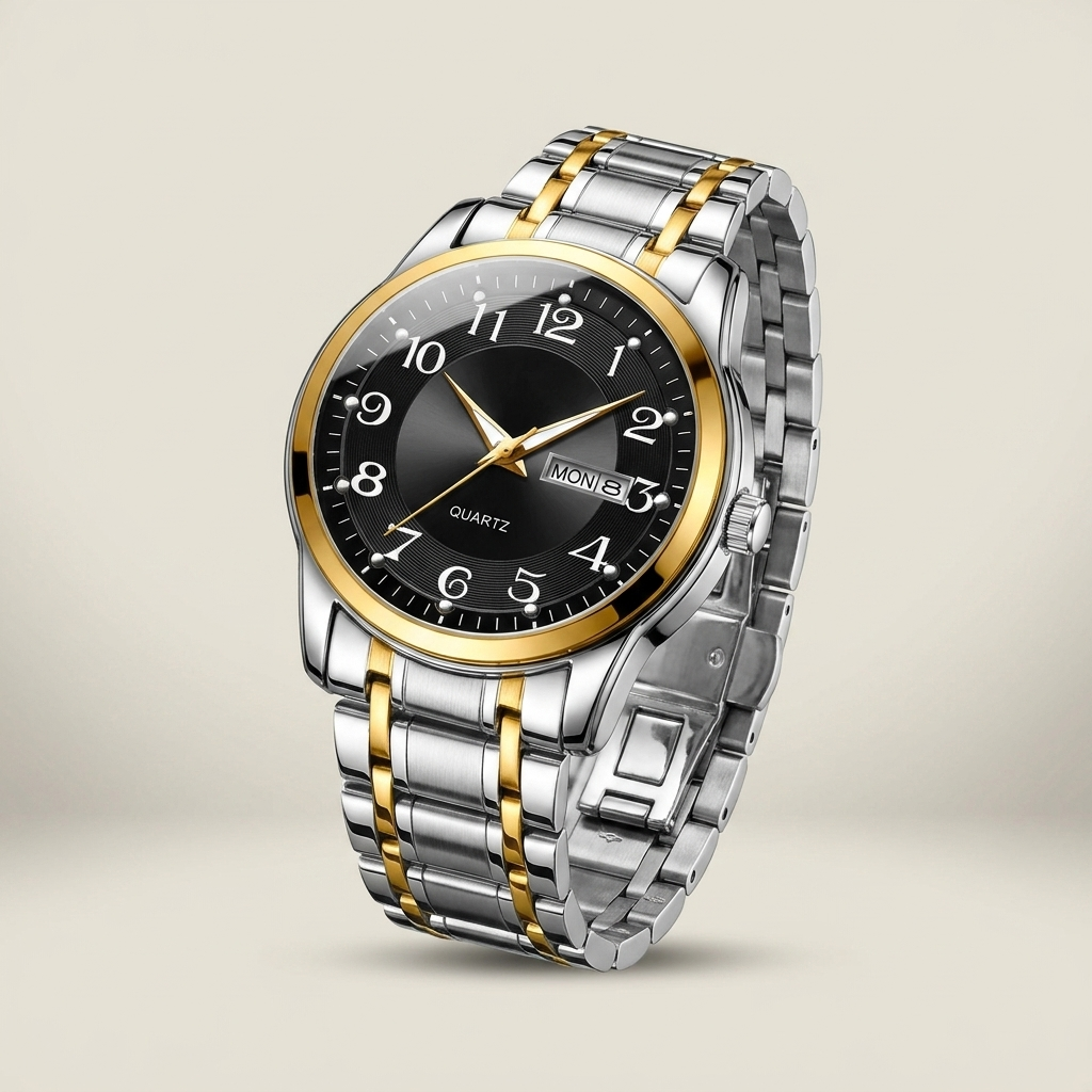 Two-tone gold and silver men's watch with black dial top-down lit view showing subdial and luminous hour markers