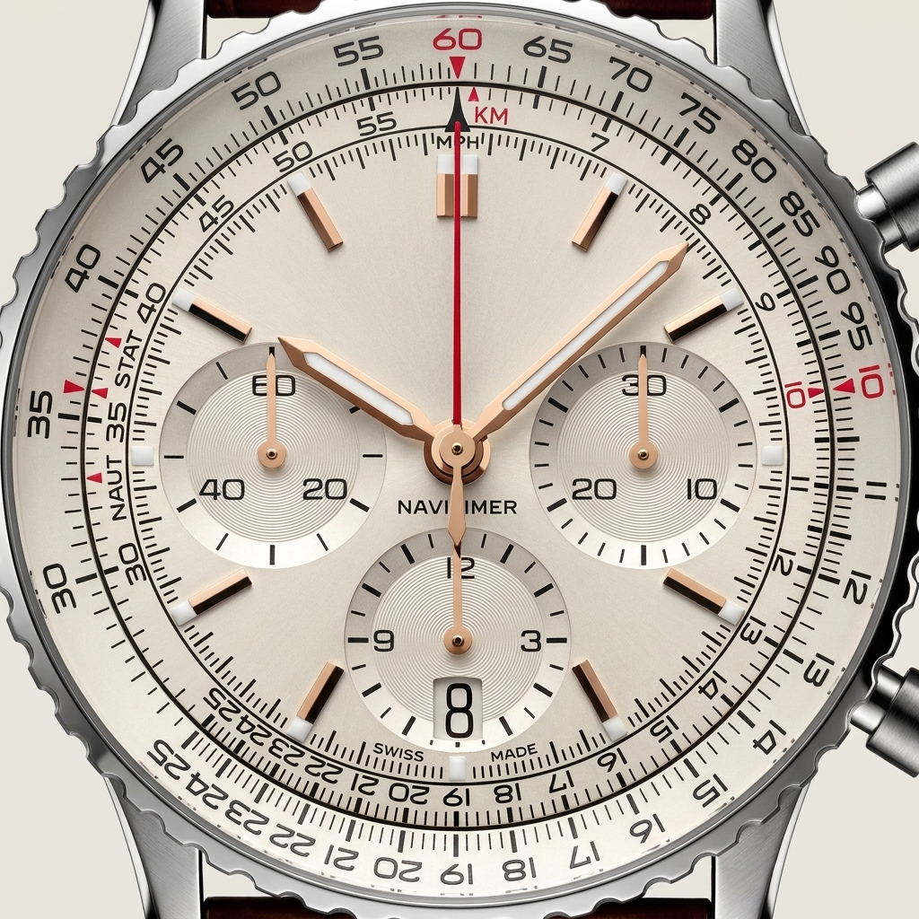 Front detail close-up of stainless steel round quartz chronograph watch showing stainless steel case and analog dial