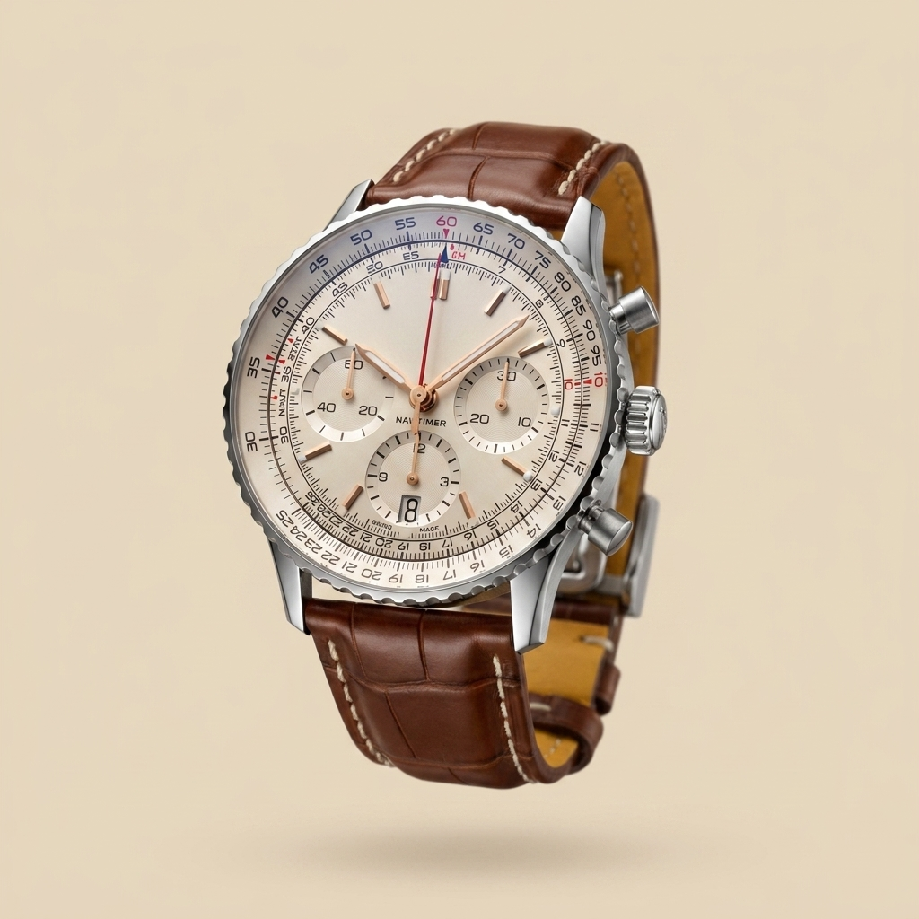 Stainless steel round quartz chronograph calendar watch front view showing variant details
