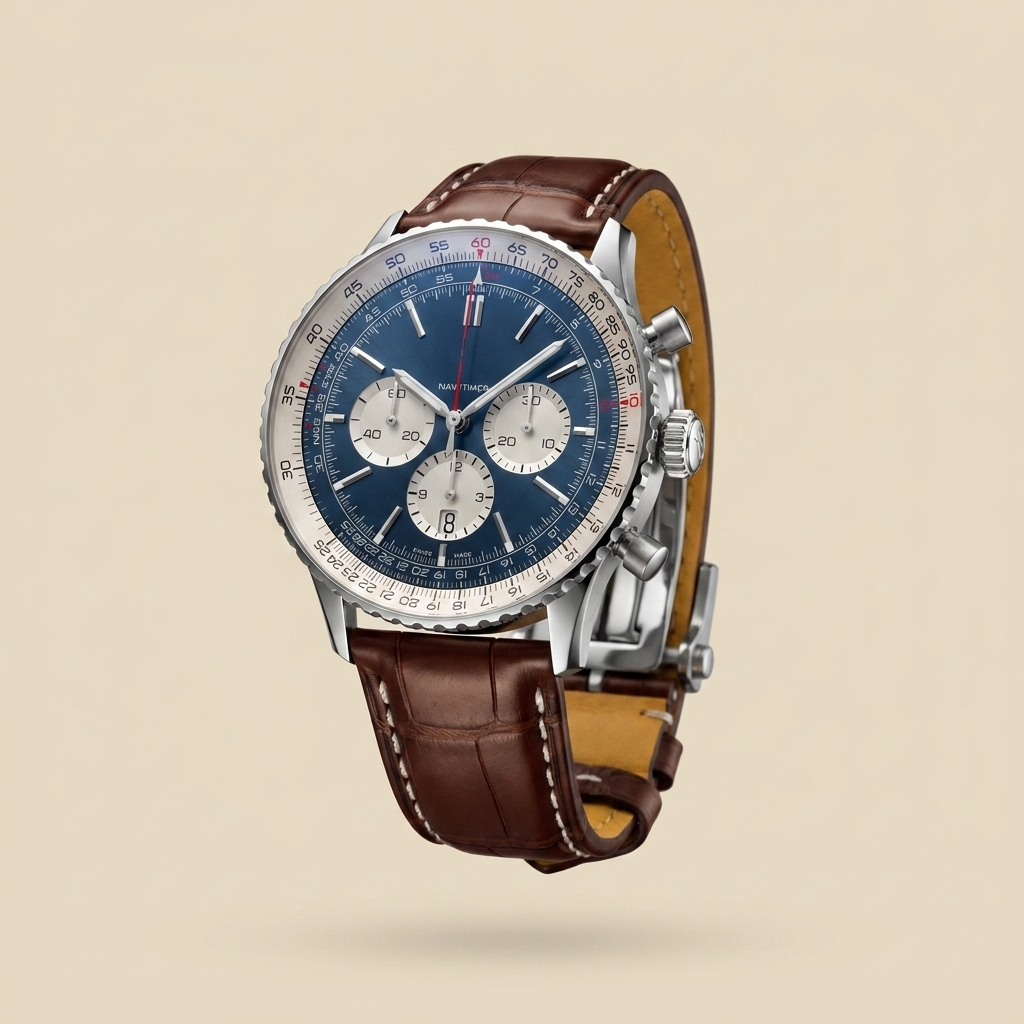 Stainless steel round quartz chronograph calendar watch front view showing variant details