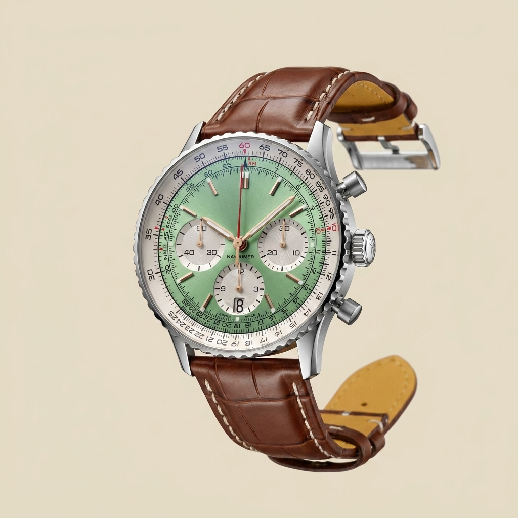 Stainless steel round quartz chronograph calendar watch front view showing variant details