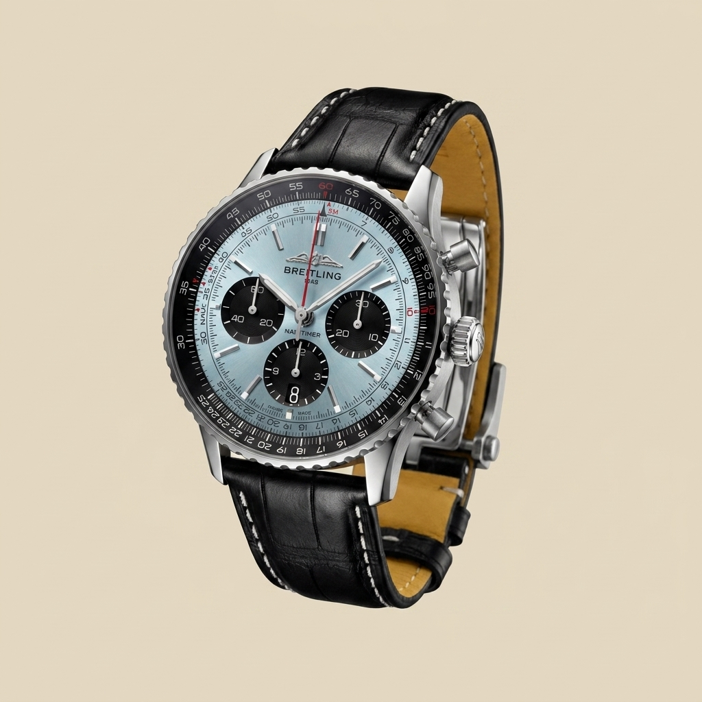 Stainless steel round quartz chronograph calendar watch front view showing variant details