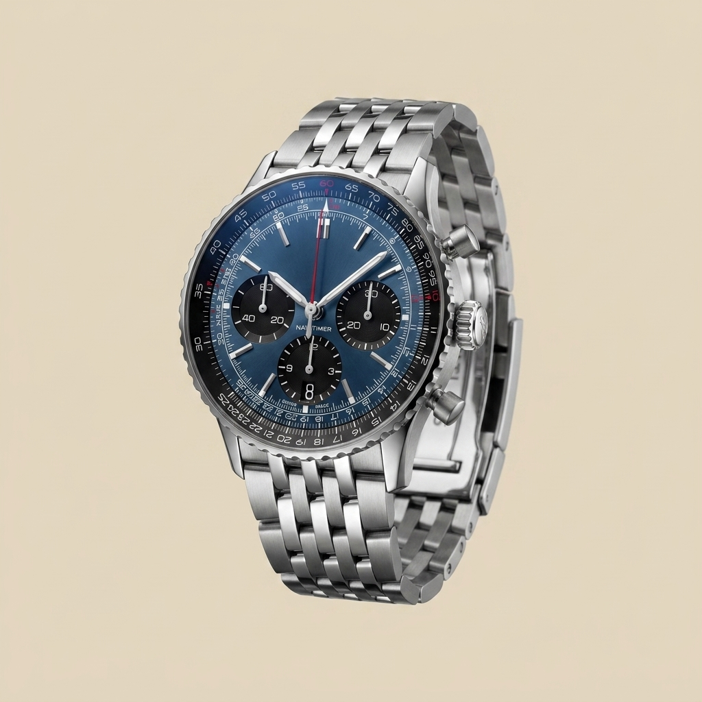 Stainless steel round quartz chronograph calendar watch front view showing variant details