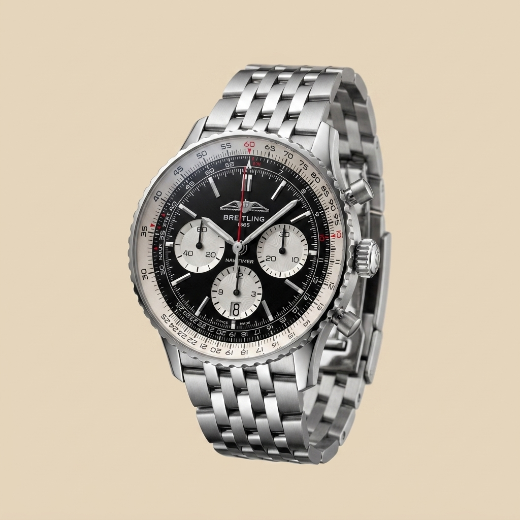 Stainless steel round quartz chronograph calendar watch front view showing variant details