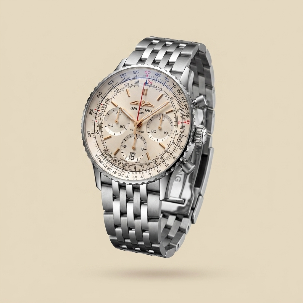 Stainless steel round quartz chronograph calendar watch front view showing variant details