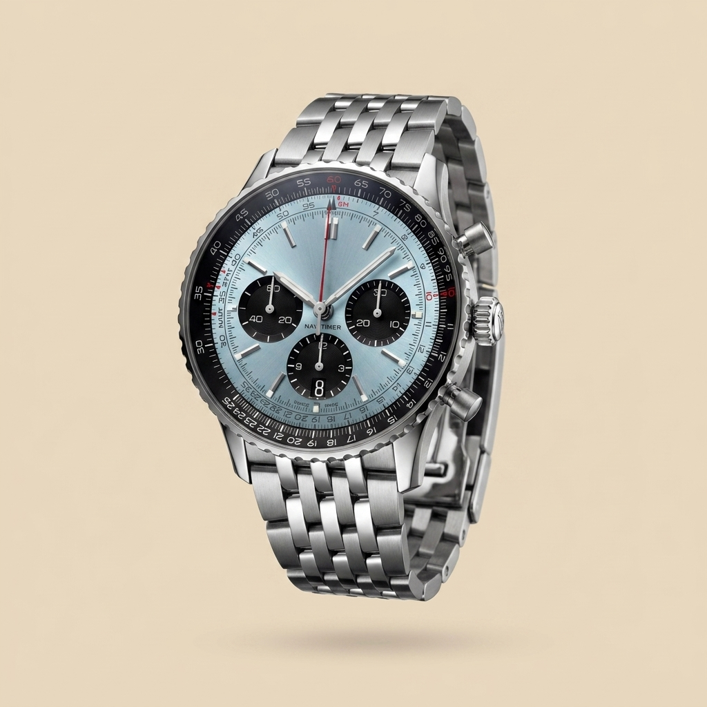 Stainless steel round quartz chronograph calendar watch front view showing variant details