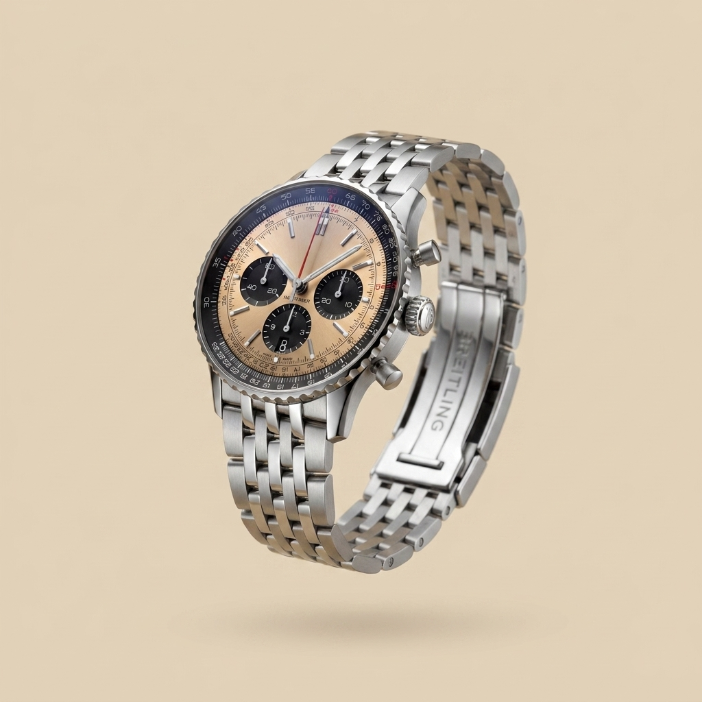 Stainless steel round quartz chronograph calendar watch front view showing variant details