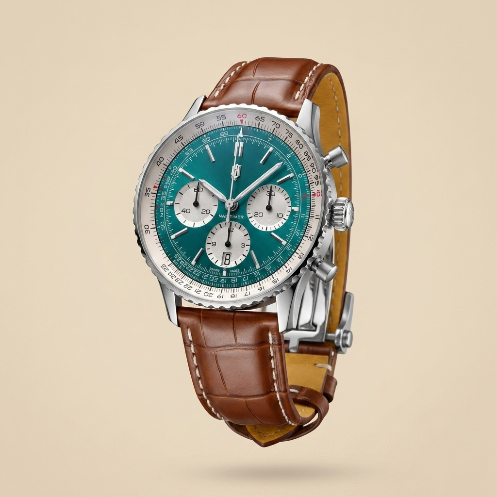 Stainless steel round quartz chronograph calendar watch front view showing variant details