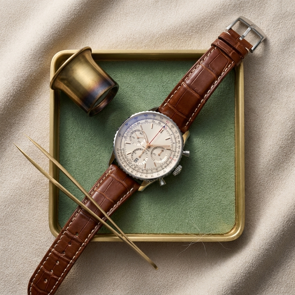 Stainless steel round quartz chronograph watch with genuine leather strap on brass tray in ambient warm light lifestyle setting