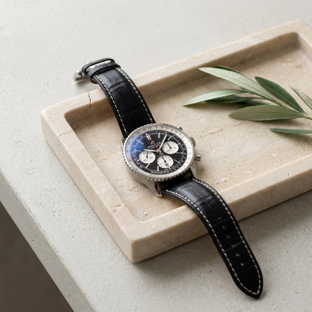 Stainless steel round quartz chronograph watch with genuine leather strap on honed travertine tray near sofa side with cool light