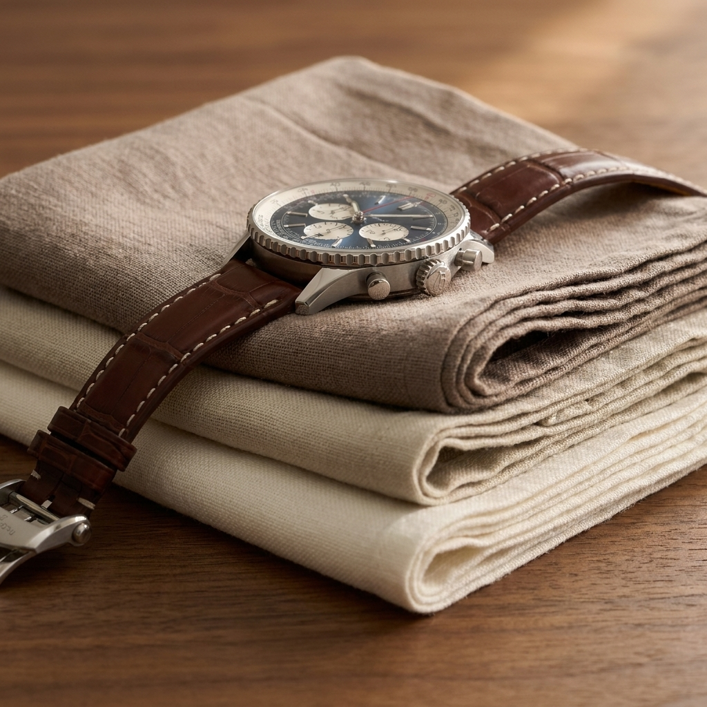 Stainless steel round quartz chronograph watch with genuine leather strap beside linen pocket square on study desk with natural light