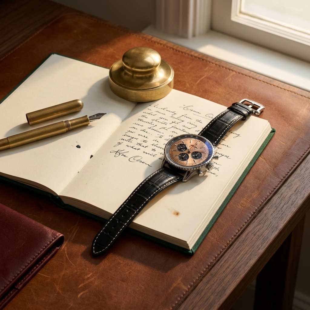 Stainless steel round quartz chronograph watch with genuine leather strap beside open hardcover notebook on study desk with warm light