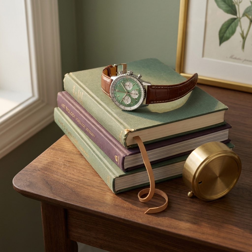 Stainless steel round quartz chronograph watch with genuine leather strap stacked on cloth monographs on dining table with natural light