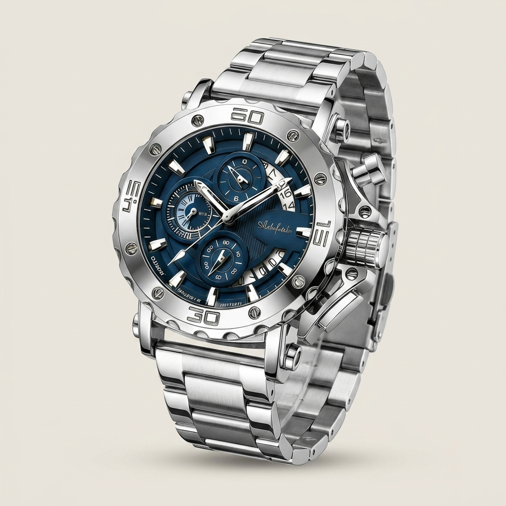 Stainless steel round quartz watch with steel blue dial shown front view featuring analog display and true six hands