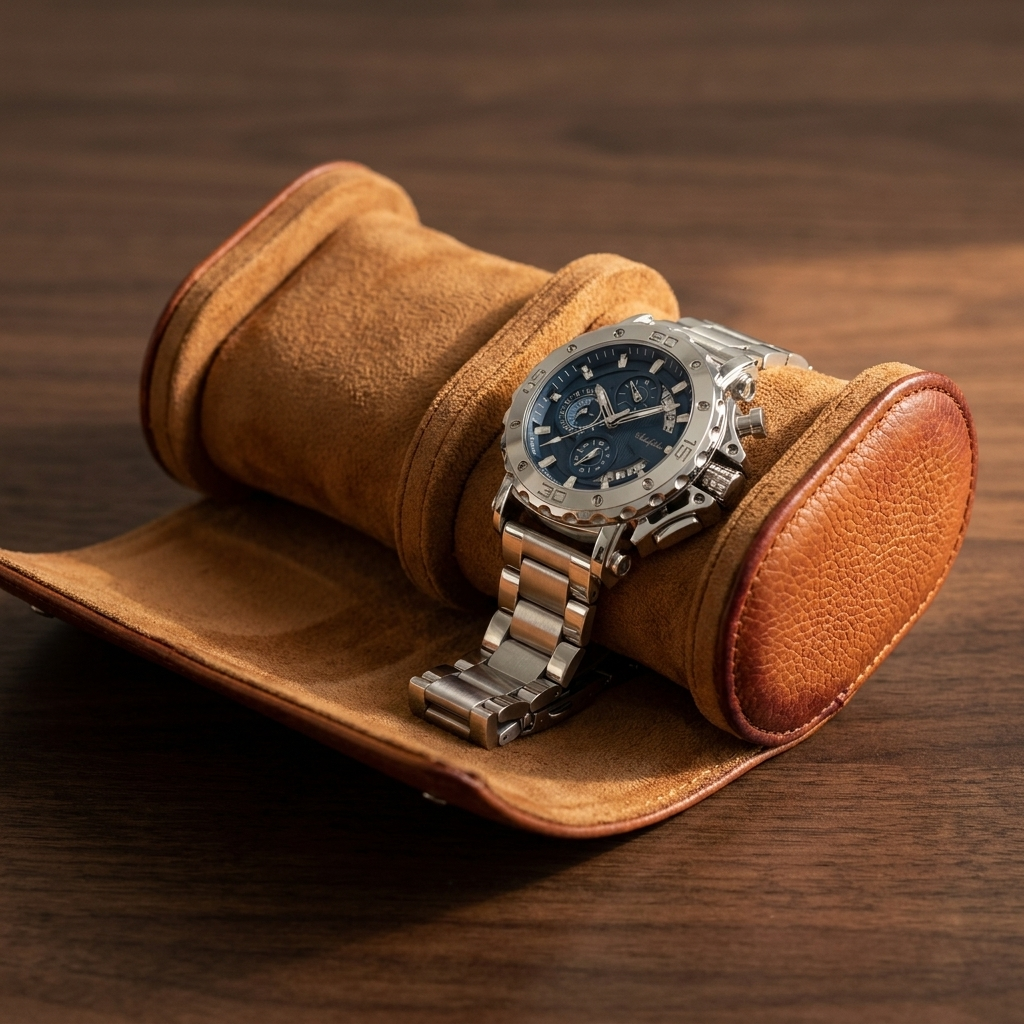 Top-down detail of stainless steel round quartz watch with steel blue dial showing mineral hardened glass crystal surface