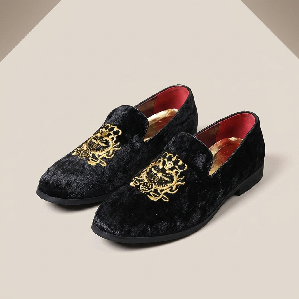 Black suede men's loafers shown front view with mid-cut opening breathable design and embroidered totem detail