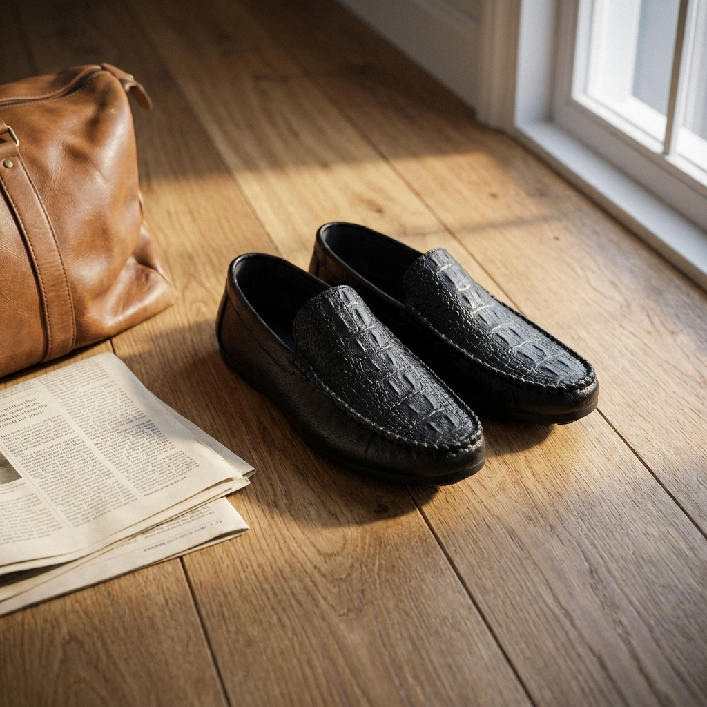 Black synthetic leather crocodile-grain slip-on loafer lifestyle scene on oak floor near window showing round toe and flat heel