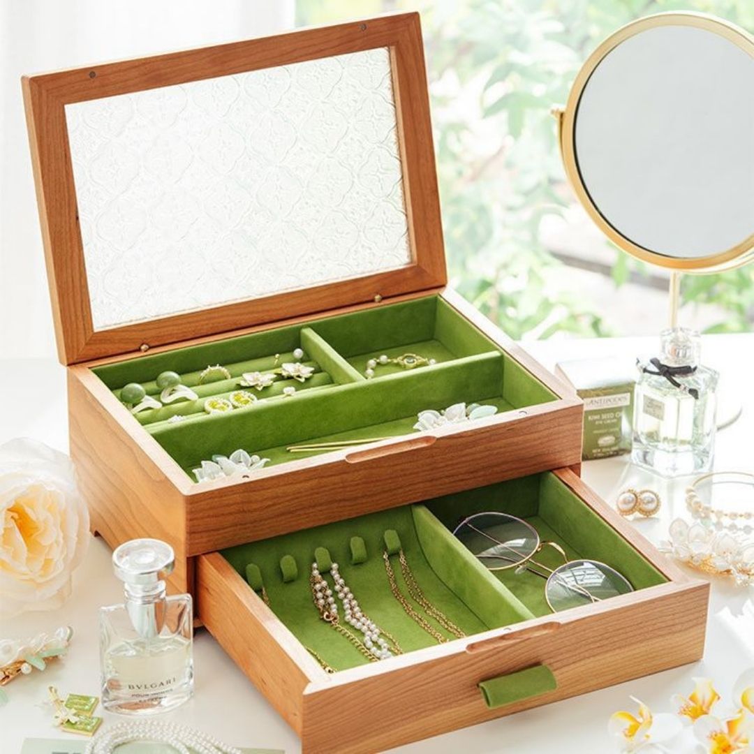 Timber Haven | Solid Walnut and Cherry Wood Jewelry Box with Elegant F