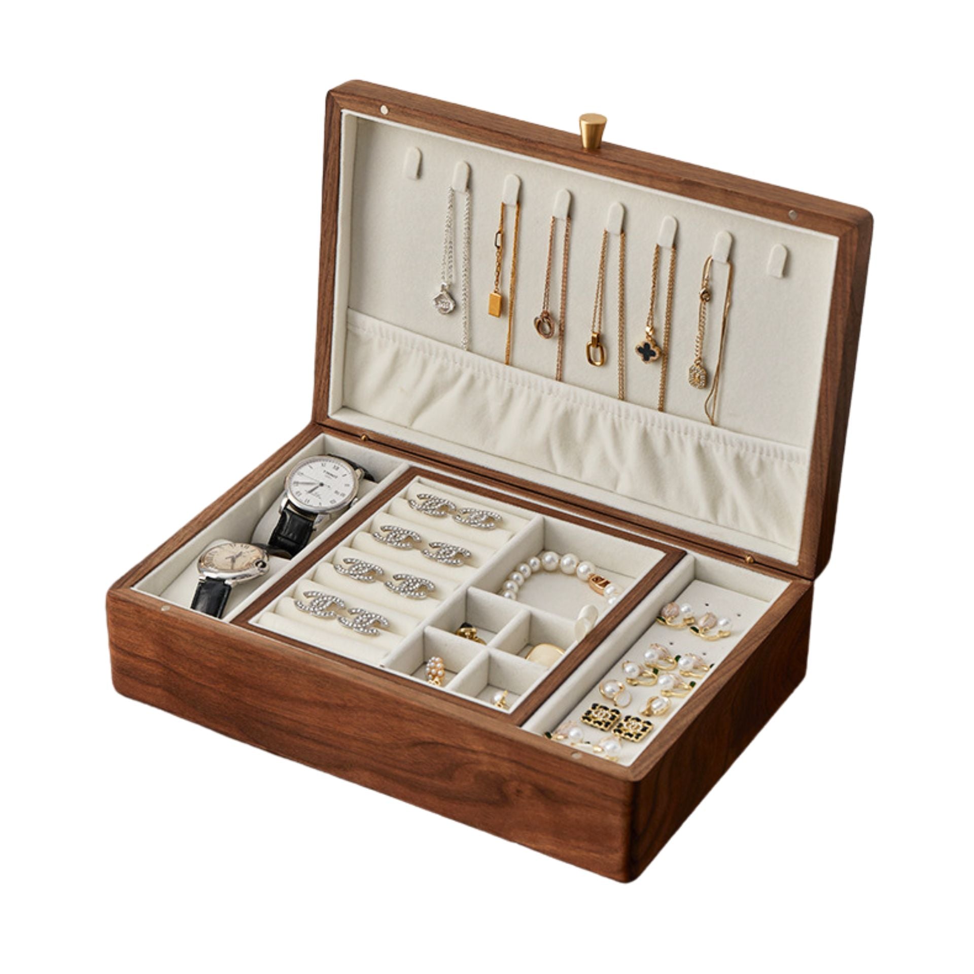 Open solid walnut wood jewelry box with a removable tray, showcasing various jewelry items including necklaces, watches, bracelets, rings, and earrings against a cream-colored interior lining. Ideal for luxury storage and organization.